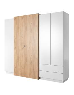 Duża biała szafa pięciodrzwiowa z szufladami i lustrem 3D H