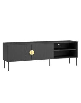 Comodă TV cu 2 uși și 2 rafturi deschise Mond, negru grafit/auriu (160 cm)