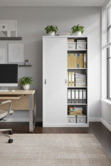 Biurowa szafa metalowa z przesuwnymi drzwiami na klucz Toronto: biała