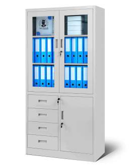 Metalowa szafa z witryną i szufladami do biura Wiola: szara (1834)